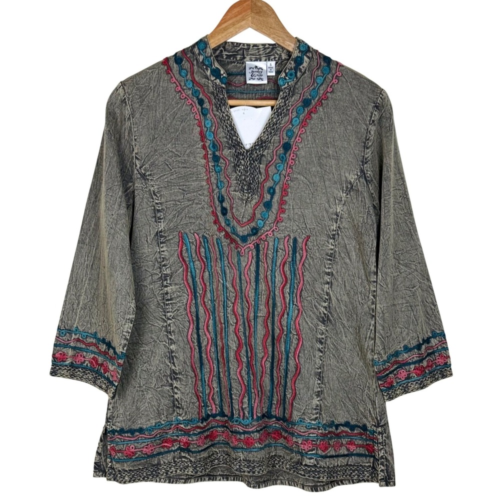 NEW Parsley & Sage Embroidered Boho Top‎ Women S Stone Gray Artisan 3/4 Sleeve